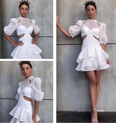 Lace Puff Sleeve Midi Dress with Ruffle Hem