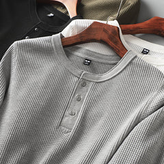 Men's Casual Long Sleeve T-Shirt in Solid Color Waffle