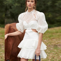 Lace Puff Sleeve Midi Dress with Ruffle Hem