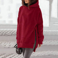 Solid Round Neck Loose Pocket Plush Hoodie for Women