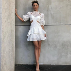 Lace Puff Sleeve Midi Dress with Ruffle Hem
