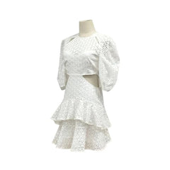 Lace Puff Sleeve Midi Dress with Ruffle Hem