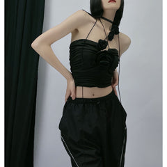 Dark Rose Flower Pin Strap Top for Women