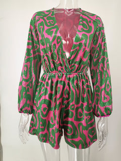 Digital Print Jumpsuit with Deep V Neck and Sequins